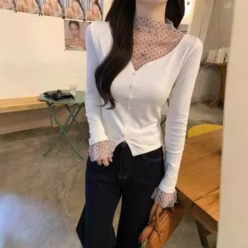 Большой размер Женская полувысокая рубашка с цветными блоками в горошек, сетчатая, темпераментная, универсальная, с воротником-стойкой, приталенная футболка M чёрный