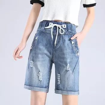 Большой размер, женские летние студенческие джинсовые шорты для полных мм, женские широкие брюки-шаровары с пятью точками, большие размеры 8XL синий