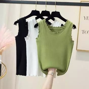 Большой размер женский Fat Sister Ice Silk вязаный деревянный ухо край халтер жилет для показа тонкого топа для женщин S