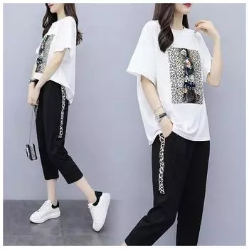 Большой размер, женский летний модный женский леопардовый комплект, костюм, повседневная свободная футболка с коротким рукавом, укороченные брюки, комплект, штаны-шаровары XL белый