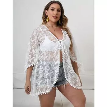 Большой размер, женский нерегулярный кардиган, сексуальная перспективная кружевная рубашка, белый прозрачный ремешок, солнцезащитный крем, тонкое пальто 1XL белый