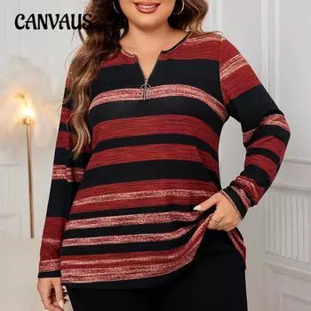 Большой размер женский новый осенний круглый вырез в полоску топ XL кирпич красный