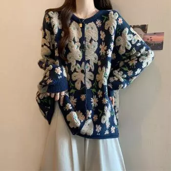 Большой размер женский осень и зима новый кардиган, длинный рукав цветочный свитер модные свободные модели свитер трикотаж S recommends 80-47.5 kg синий