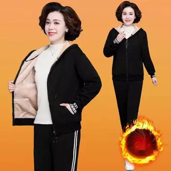 Большой размер, женский осенний винтажный повседневный толстый флисовый спортивный костюм, куртка на молнии с капюшоном и брючный костюм