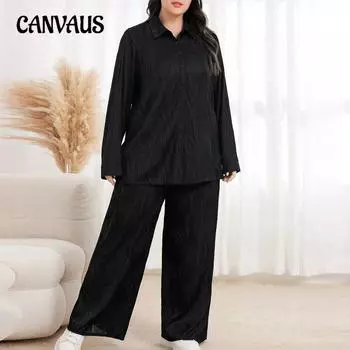 Большой размер женский весенне-осенний элегантный простой темперамент свободная рубашка широкие брюки костюм 0XL чёрный