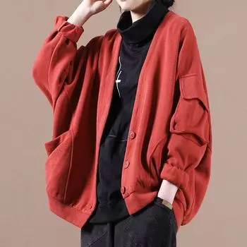 Большой размер женский весна и осень 2024 новый топ свободный литературный и ретро повседневный кардиган свитер короткое пальто M [Recommended 100-65kg] красный