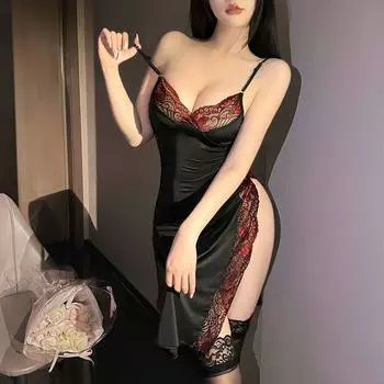 Большой размер женское белье кружевной пояс для чулок с высоким разрезом глубокое V сексуальное платье интернет-знаменитость королевская сестра форма комплект M [80-60kg]
