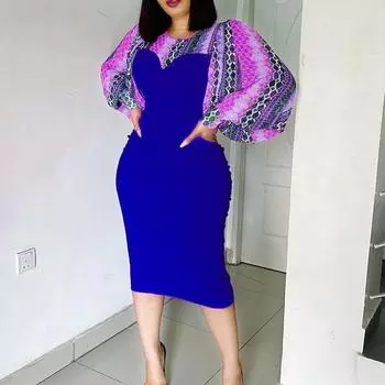 Большой размер, женское летнее модное лоскутное платье с принтом, женское элегантное цельное платье-футляр с разрезом S синий