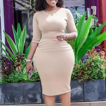 Большой размер, женское летнее модное однотонное платье-карандаш с круглым воротником, женское цельное платье со средними рукавами и разрезом S сапфир синий