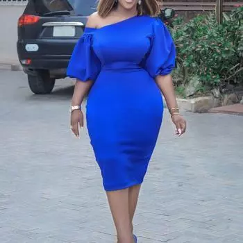 Большой размер, женское летнее модное однотонное платье с пышными рукавами, женское элегантное цельное платье с наклонными плечами S белый