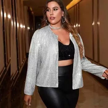 Большой размер Женское однотонное пальто с круглым вырезом и пайетками с длинным рукавом Верхняя куртка XL