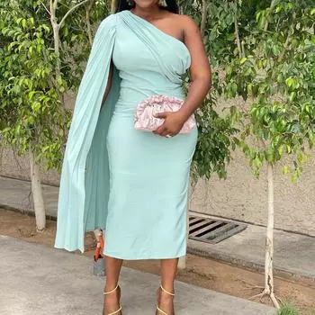 Большой размер, женское весенне-осеннее модное однотонное плиссированное платье с одним рукавом, женское элегантное цельное облегающее платье S красный