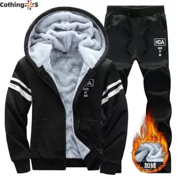 Большой размер Зимний мужской повседневный спортивный костюм с капюшоном Куртка Теплый утолщенный повседневный спортивный костюм из двух частей Мужской зимний M темно-синий
