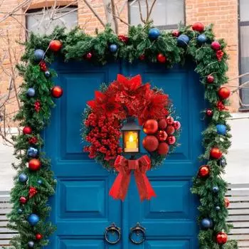 Большой рождественский венок с бантом из ленты, рождественские шары, освещенные искусственными сосновыми ветками 30cm