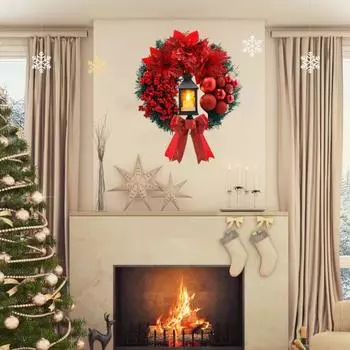 Большой рождественский венок с лентой-бантом, рождественские шары, освещенные искусственные сосновые ветки, красный венок на входную дверь 30cm