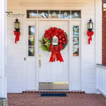 Большой рождественский венок с лентой-бантом, рождественские шары, освещенные искусственные сосновые ветки, красный венок на входную дверь 30cm