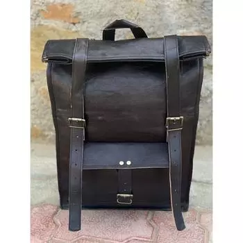 Большой рюкзак из натуральной кожи для ноутбука, дорожный рюкзак с откидной крышкой, лучший подарок для мужчин и женщин, винтажный рюкзак 12 x 16 x 5 in чёрный