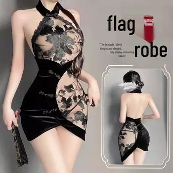 Большой Сексуальный Кружевной Вышитый Велюровый Чонсам Без Спины Комплект Линжери One Size