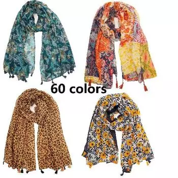 Большой шарф в стиле бохо для женщин, легкие шарфы с цветочным принтом, осенне-зимняя модная шаль с бахромой, 60 цветов 180*85cm