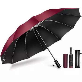 Большой складной автоматический обратный складной ветровой тефлоновый ветровой складной водный легкий тепловой УФ-зонт для солнечной и дождливой погоды для дождливой погоды для тяжелого сезона для включает в себя вино красного
