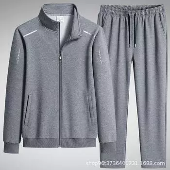 «Большой спортивный повседневный хлопковый костюм-двойка на весну/осень с воротником-стойкой и модным принтом» L синий