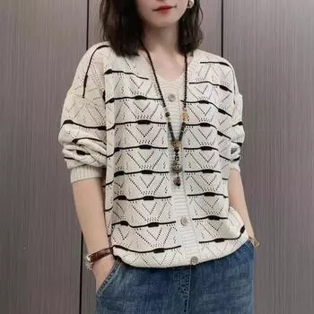 Большой V-образный вырез, простой и универсальный хлопковый трикотажный свитер, свободный ажурный тонкий свитер L