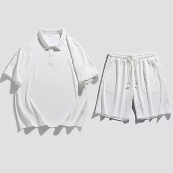 Большой вафельный костюм-рубашка-поло, летний однотонный повседневный универсальный костюм из двух предметов для мужчин и женщин 8XL