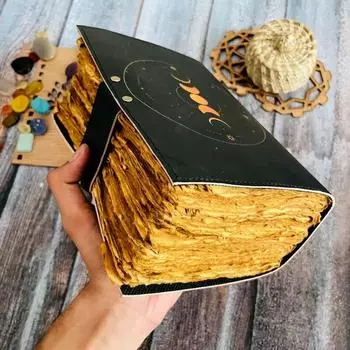 Большой винтажный кожаный журнал ручной работы на 400 страниц, журнал с кожаным принтом Moon, 8 x 6 in чёрный