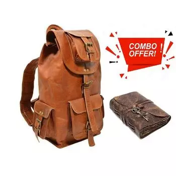 Большой винтажный мужской рюкзак из натуральной козьей кожи, дорожный рюкзак, спортивная сумка для ноутбука. С комбинированным кожаным дневником 20 x 10 x 10 in коричневый