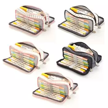 Большой вместительный пенал с несколькими карманами и двойным открытием, симпатичная канцелярская сумка для школьников Pink White Big Grid