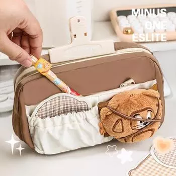 Большой вместительный пенал с завязками, симпатичный и кремовый, сумка для хранения канцелярских принадлежностей, студенческий нишевый простой многослойный пенал кофейный