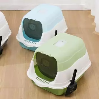 Большой вместительный туалет для домашних животных, полностью закрытый, непромокаемый, дезодорирующий, кошачий туалет, двухсторонний, совковый, кошачий туалет, закрытый ящик для песка S 48x34x31CM зелёный