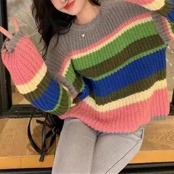 Большой вязаный Радужный свитер, женский модный полосатый контрастный пуловер с круглым вырезом, повседневный свободный милый джемпер One Size разноцветный