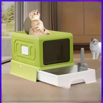 Большой закрытый кошачий туалет с ящиком и скребком для шерсти, защита от брызг, утолщенная конструкция New Folding Cat Litter Box