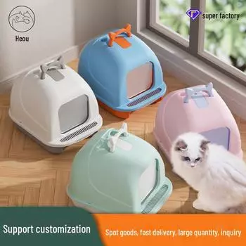 Большой закрытый кошачий туалет с защитой от брызг и запахов, контрастный цветной лоток для кошачьего песка large серый