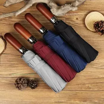 Большой зонт с 8 ребрами, мужской полностью автоматический двухслойный зонт от дождя, ветрозащитный, с большими деревянными ручками, 3 складных зонта