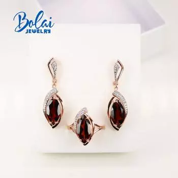 Bolaijewelry 100% натуральный драгоценный камень гранат кольцо серьги комплект ювелирных изделий из стерлингового серебра 925 пробы ювелирные украшения для женщин us size 7# ярко-розовый