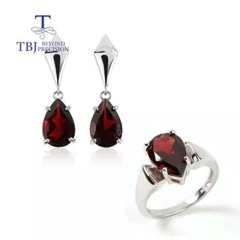 Bolaijewelry 100% натуральный красный гранат, комплект ювелирных изделий, драгоценный камень груша 8*12 мм, кольца, серьги, серебро 925 пробы, изысканные ювелирные изделия us ring size 6# белый