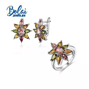 Bolaijewelry 2022 Новый классический натуральный многоцветный турмалин кольцо серьги ювелирные изделия груша 3*5/4*6 комплект из стерлингового серебра 925 пробы роскошный дизайн женские изысканные ювелирные изделия 6# разноцветный