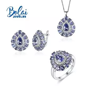 Bolaijewelry 2023 Новый натуральный синий танзанит Кольца Серьги Ожерелье Комплект ювелирных изделий из стерлингового серебра 925 пробы с настоящими драгоценными камнями для женщин, жены, хороший подарок US RING SIZE 6# белый