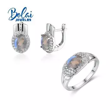 Bolaijewelry Классический дизайн лабрадорит овальной формы 6*8 мм огранка из натурального драгоценного камня Комплект ювелирных изделий из стерлингового серебра 925 пробы Серьги-кольца изысканные украшения для женщин US RING SIZE 7# белый
