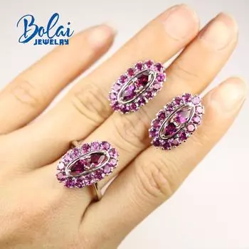 Bolaijewelry, модное кольцо и серьги из стерлингового серебра 925 пробы с натуральным родолитом, комплект ювелирных украшений для юбилея, праздничной одежды us ring size 7# красный/фиолетовый