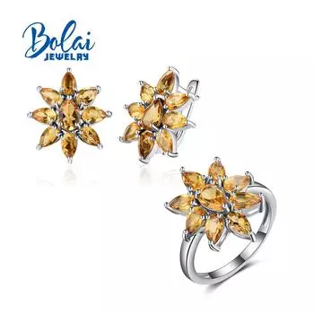 Bolaijewelry, натуральный цитрин, драгоценный камень, кольцо, серьги, комплект ювелирных изделий из стерлингового серебра 925 пробы, легкие роскошные модные женские украшения us size 6# белый