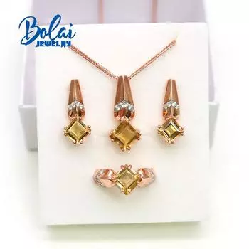 Bolaijewelry Натуральный цитрин Квадратный драгоценный камень Кольцо Серьги Подвеска Комплект ювелирных изделий Стерлинговое серебро 925 пробы Изящные украшения Подарок на годовщину для женщин us size 6#