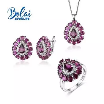 Bolaijewelry Натуральный гранат-родолит Кольца Серьги Ожерелье Комплект ювелирных изделий из серебра 925 пробы изысканные украшения для женщин Роскошный подарок на годовщину US RING SIZE 6# белый