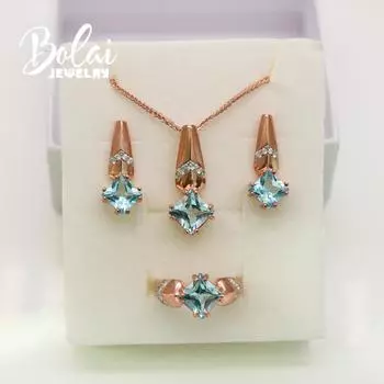Bolaijewelry Натуральный небесно-голубой топаз sq7,0 мм/8,0 мм, серьги-кольца с драгоценными камнями, комплект ювелирных украшений из стерлингового серебра 925 пробы, изысканные украшения для женщин 6# синий