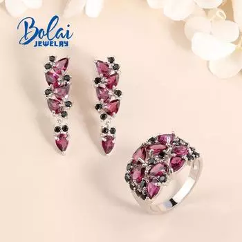 Bolaijewelry натуральный родолит гранат кольца серьги из стерлингового серебра 925 пробы изысканные украшения для женщин жена роскошный дизайн подарок на годовщину вечеринки us ring size 7# белый