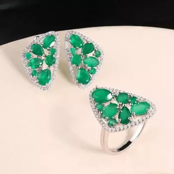Bolaijewelry натуральный зеленый агат женские ювелирные изделия серебро 925 пробы подарок на годовщину праздника кольцо 1 шт. серьги 1 пара комплект ювелирных изделий US RING SIZE 7# зелёный