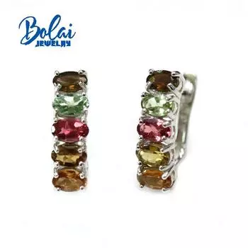 Bolaijewelry, серьги из стерлингового серебра 925 пробы с натуральным турмалином овальной формы 3*5 мм, простой дизайн, натуральные красочные драгоценные камни, изысканные украшения для девочек разноцветный
