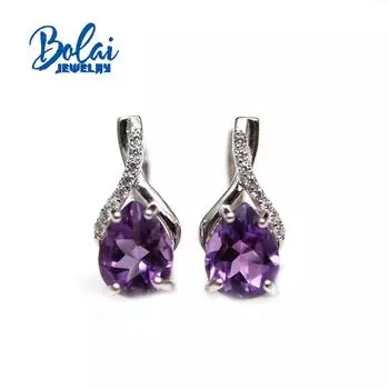 Bolaijewelry, серьги с застежкой из натурального бразильского аметиста, 4 карата, груша, 7*9 мм, ювелирные изделия из настоящего драгоценного камня, серебро 925 пробы для женщин, повседневная одежда, ювелирные изделия, подарок M фиолетовый
